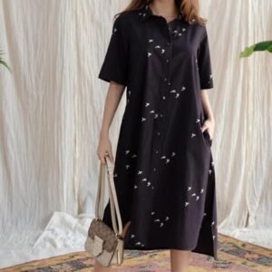 Black Bird-Print Shirt Midi Dress