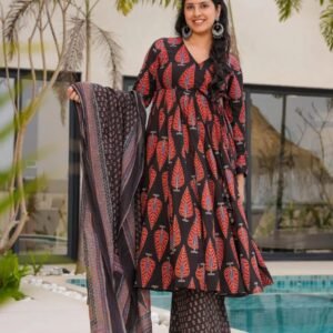 Black Leaf-Print Anarkali Kurti Set