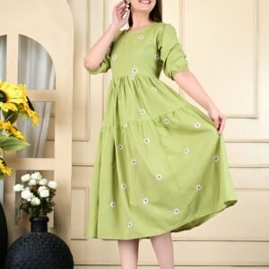 Embroidered Cotton Midi Dress with Puff Sleeves