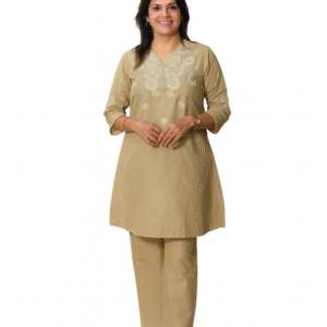 Beige Embroidered Cotton Kurta Set